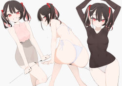 Rule 34 | 1girl, :d, arm up, ass, back, bare arms, bare shoulders, beijuu, beni-chan (beijuu), bikini, black hair, black shirt, breasts, brown skirt, closed mouth, grin, leaning forward, long sleeves, looking at viewer, miniskirt, multicolored hair, multiple views, no pants, open mouth, panties, parted lips, pink hair, pink shirt, red eyes, shirt, short hair, short twintails, side-tie bikini bottom, simple background, sitting, skirt, sleeveless, sleeveless shirt, small breasts, smile, swimsuit, twintails, twitter username, two-tone hair, underwear, white background, white bikini, white panties
