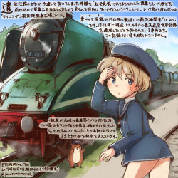 Rule 34 | 1girl, animal, blonde hair, blue dress, blue eyes, blue hat, colorful, commentary request, dated, dress, hamster, hat, kantai collection, kirisawa juuzou, long sleeves, numbered, sailor dress, sailor hat, short hair, traditional media, train, translation request, twitter username, z1 leberecht maass (kancolle)