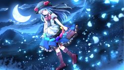 Rule 34 | 1girl, basket, blue hair, boots, cloud, crescent moon, cross-laced footwear, food, fruit, glowing, hat, highres, hinanawi tenshi, moon, moonlight, mountain, night, open mouth, peach, petals, puffy short sleeves, puffy sleeves, red eyes, risutaru, shirt, short sleeves, skirt, sky, smile, solo, touhou, walking