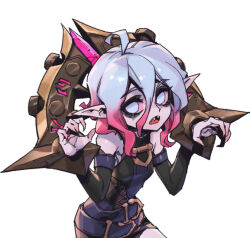 Rule 34 | 1girl, ahoge, bags under eyes, belt, black belt, briar (league of legends), colored sclera, commentary, detached sleeves, english commentary, fingernails, gradient hair, grey hair, hair between eyes, league of legends, long hair, looking at viewer, multicolored hair, no pupils, phantom ix row, pink hair, pointy ears, red sclera, sharp fingernails, sharp teeth, sidelocks, simple background, solo, teeth, two-tone hair, upper body, upper teeth only, vampire, white background, white eyes, wrist cuffs