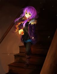 Rule 34 | 1girl, borrowed character, candle, candlelight, full body, ghost, green eyes, hand in pocket, isabelle (acerailgun), long hair, original, purple hair, rosuuri, scarf, skirt, solo, stairs, striped clothes, striped scarf, walking, watermark, web address