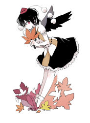 Rule 34 | 1girl, bird wings, black hair, black ribbon, black wings, brown shirt, collared shirt, commentary request, frilled skirt, frills, full body, geta, hand fan, hat, hauchiwa, holding, holding fan, leaf, looking at viewer, maple leaf, pom pom (clothes), red eyes, ribbon, shameimaru aya, shirt, short hair, short sleeves, simple background, skirt, solo, tarako supa, tokin hat, touhou, two-tone shirt, white background, white shirt, wings