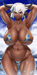 Rule 34 | 1girl, animal ears, animal print, armpits, arms up, bikini, breasts, cloud, cloudy sky, commission, cow ears, cow girl, cow horns, cow print, cow tail, cropped legs, curvy, dark-skinned female, dark skin, highleg, highleg bikini, highres, horns, huge breasts, micro bikini, muscular, muscular female, ocean, open mouth, original, roresu, sky, solo, stomach, swimsuit, tail, thick eyebrows, thighs, toned, v-shaped eyebrows, wading, white hair, wide hips