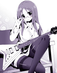 Rule 34 | 1girl, adjusting eyewear, belt, breasts, cleavage, couch, gibson flying v, gibson, glasses, guitar, instrument, jewelry, k-on!, kaisanbutsu, crossed legs, long hair, monochrome, necklace, pantyhose, sitting, solo, yamanaka sawako