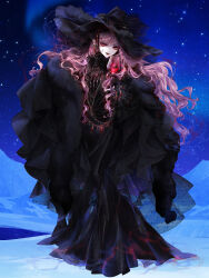 Rule 34 | 1girl, ambiguous red liquid, aura, belt, black cloak, black dress, black gloves, black hat, black ribbon, black scarf, bow, bracelet, breasts, chain paradox, cleavage, cloak, closed mouth, cup, dangle earrings, dress, drinking glass, earrings, feather boa, frilled sleeves, frills, full body, fur trim, gem, glacier, gloves, hair between eyes, hat, hat bow, highres, holding, holding cup, ice, jewelry, lipstick, long dress, long hair, long sleeves, looking at viewer, luna candatura, makeup, medium breasts, mermaid dress, miyo1101, night, pink hair, pointy ears, red eyes, red gemstone, red lips, ribbon, scarf, see-through, see-through cleavage, sky, smile, solo, star (sky), starry sky, sun hat, veil, wavy hair, wine glass