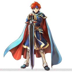 Rule 34 | 1boy, armor, blue armor, blue eyes, cape, cosplay, eliwood (fire emblem), eliwood (fire emblem) (cosplay), fire emblem, fire emblem: the binding blade, fire emblem: the blazing blade, fire emblem heroes, full body, looking at viewer, male focus, nintendo, official art, red hair, roy (fire emblem), short hair, smile