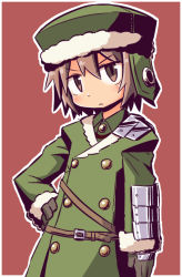 Rule 34 | :&lt;, black gloves, blush, brown background, brown eyes, brown hair, closed mouth, coat, collared shirt, commentary request, dress shirt, etrian odyssey, fur-trimmed headwear, fur trim, gloves, green coat, green hat, green shirt, gunner (sekaiju), hair between eyes, hand on own hip, hat, head tilt, long sleeves, looking at viewer, naga u, outline, shirt, simple background, solo, v-shaped eyebrows, white outline
