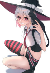 Rule 34 | 1girl, absurdres, animal, arm up, bad id, bad pixiv id, belt, belt buckle, black cat, black footwear, black gloves, black hat, black shorts, black thighhighs, black vest, breasts, buckle, cat, collared shirt, commentary request, cropped vest, earrings, from side, gloves, gradient hair, grin, hair between eyes, hat, hat belt, highres, jewelry, looking to the side, medium breasts, midriff, multicolored hair, necktie, original, pink hair, red belt, red necktie, red thighhighs, rerrere, shadow, shirt, short shorts, shorts, simple background, single glove, single thighhigh, smile, solo, squatting, striped clothes, striped thighhighs, thighhighs, two-tone hair, vest, white background, white belt, white hair, white shirt, witch hat
