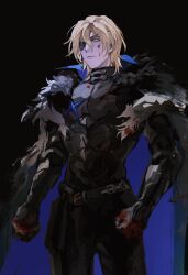 Rule 34 | 1boy, absurdres, armor, black armor, black background, black coat, blonde hair, blood, blood on face, blood on hands, blue coat, blue eyes, clenched hands, closed mouth, coat, commentary request, cowboy shot, dimitri alexandre blaiddyd, expressionless, eyepatch, fire emblem, fire emblem: three houses, fur-trimmed coat, fur trim, hair between eyes, highres, looking at viewer, male focus, medium hair, mimulishizi, nintendo, simple background, solo, two-sided coat, two-sided fabric