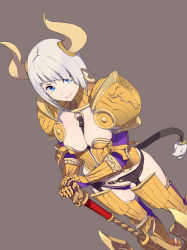 Rule 34 | 1girl, armor, axe, battle axe, bikini armor, blue eyes, breasts, closed mouth, cow girl, dutch angle, earrings, elbow gloves, enkyo yuuichirou, feet out of frame, garter belt, gauntlets, gloves, grey background, grey hair, hands on hilt, highres, hisho collection, hoop earrings, horns, jewelry, large breasts, looking at viewer, armored boots, pauldrons, purple gloves, purple thighhighs, shoulder armor, simple background, smile, solo, standing, tail, thighhighs, weapon