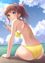 Rule 34 | 1girl, aranami shibuki, ass, bang dream!, bare back, bare shoulders, bikini, blue eyes, blue sky, blush, bow, breasts, brown hair, closed mouth, cloud, commentary request, day, from behind, hair bow, halterneck, highres, leaning forward, looking at viewer, looking back, medium breasts, medium hair, ocean, outdoors, pink bow, ponytail, revision, shadow, short ponytail, sidelocks, sitting, sky, smile, solo, string bikini, swimsuit, v, water, wet, wet clothes, wet hair, wet swimsuit, yamabuki saya, yellow bikini