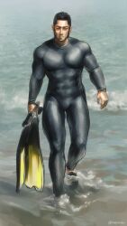 Rule 34 | 1boy, alternate costume, bara, beach, beard, black bodysuit, black hair, bodysuit, bulge, buzz cut, chest hair, covered abs, diving mask, diving suit, facial hair, full body, goggles, golden kamuy, hairy, large pectorals, male focus, mature male, muscular, muscular male, nopinzo, pectorals, short hair, sideburns, solo, tanigaki genjirou, thick eyebrows, thighs, very short hair, water, wet suit