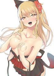Rule 34 | 1girl, :d, bare shoulders, black bow, bow, breasts, collarbone, commentary request, covering privates, covering breasts, flower, granblue fantasy, hair bow, hair flower, hair ornament, heart, heart-shaped pupils, highres, long hair, medium breasts, nukkoru, open mouth, red eyes, simple background, smile, solo, symbol-shaped pupils, teeth, vira (granblue fantasy), white background