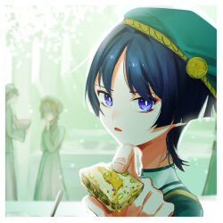 1girl 2boys akademiya_uniform alternate_costume beret black_hair blunt_ends border bright_pupils candied_ajilenakh_nut_(genshin_impact) coat emblem eyeliner eyeshadow food genshin_impact gnsn_tera gold_trim green_coat green_hat hat highres holding holding_food incoming_food looking_at_viewer makeup multiple_boys open_mouth parted_bangs purple_eyes red_eyeliner red_eyeshadow scaramouche_(genshin_impact) syrup three_quarter_view white_border white_pupils