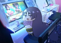 Rule 34 | 1girl, arcade, arcade cabinet, bikini, bodysuit, breasts, chibi, commentary, eyepatch bikini, fate/grand order, fate/grand order arcade, fate (series), highres, large breasts, long hair, low-tied long hair, minamoto no raikou (fate), minamoto no raikou (fate/grand order), minamoto no raikou (swimsuit lancer) (fate), minamoto no raikou (swimsuit lancer) (third ascension) (fate), open mouth, parted bangs, photo background, purple bikini, purple bodysuit, purple eyes, purple hair, rei (rei rr), smile, solo, swimsuit, very long hair