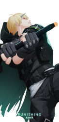 Rule 34 | 1boy, absurdres, black gloves, black jacket, black pants, blonde hair, brown eyes, cape, colomar, fingerless gloves, gloves, green cape, grin, highres, holding, holding sword, holding weapon, jacket, kamui (punishing: gray raven), pants, partially fingerless gloves, punishing: gray raven, short hair, simple background, sleeves past elbows, smile, solo, sword, teeth, weapon, white background