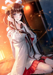 Rule 34 | 1girl, bare shoulders, blunt bangs, blush, bow, braid, brown eyes, brown hair, full body, girl cafe gun, hair bow, hair ornament, hair ribbon, hakama, hakama short skirt, hakama skirt, highres, holding, holding own hair, japanese clothes, kazuharu kina, kneeling, lantern, light particles, long hair, long sleeves, looking at viewer, miko, night, nontraditional miko, off shoulder, official art, open mouth, outdoors, pleated skirt, red skirt, ribbon, sidelocks, sitting, skirt, smile, solo
