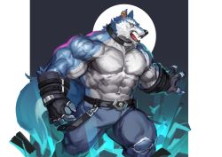 Rule 34 | 1boy, abs, absurdres, bara, biceps, breaking, collar, denim, dislyte, ear piercing, earrings, fangs, feet out of frame, fingerless gloves, freddy (fenrir) (dislyte), furry, furry male, gauntlets, gloves, highres, jeans, jewelry, large pectorals, leather, leather belt, looking at viewer, male focus, manly, mature male, muscular, muscular male, open mouth, pants, pectorals, piercing, rock, simple background, solo, teeth, thick arms, thick eyebrows, thick thighs, thighs, tongue, topless male, torn clothes, traver009, veins, veiny arms, wolf boy