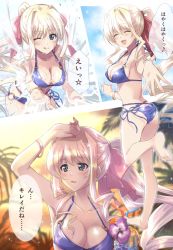 Rule 34 | 1girl, ^ ^, ass, bangle, barefoot, bikini, blonde hair, blue bikini, blush, bracelet, breasts, cleavage, closed eyes, commission, closed eyes, hair intakes, halterneck, highres, ilfriede von feulner, jewelry, kuroi mimei, looking at viewer, looking back, medium breasts, multiple views, muv-luv, muv-luv alternative, o-ring, o-ring bikini, one eye closed, open mouth, ponytail, second-party source, side-tie bikini bottom, skeb commission, smile, soles, speech bubble, string bikini, sunset, swimsuit, the euro front, translation request