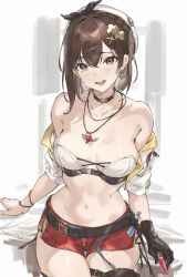 Rule 34 | 1girl, :d, atelier (series), atelier ryza, belt, blush, breasts, breasts apart, brown belt, brown eyes, brown hair, choker, flask, gloves, hair ornament, hairclip, hat, highres, jacket, jewelry, large breasts, leather belt, looking at viewer, navel, necklace, open mouth, parfaitlate, pendant, red shorts, reisalin stout, short hair, short shorts, shorts, single glove, sleeveless, sleeveless jacket, smile, solo, star (symbol), star necklace, thigh gap, thighhighs, thighs, vial, white hat, yellow jacket