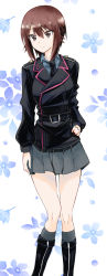 Rule 34 | 1girl, absurdres, bad id, bad twitter id, belt, black footwear, black jacket, black necktie, blue shirt, boots, brown eyes, brown hair, closed mouth, commentary, dress shirt, eno (mauritz stiller), epaulettes, floral background, frown, girls und panzer, grey skirt, grey socks, hand on own hip, highres, jacket, looking to the side, military, military uniform, miniskirt, necktie, niedersachsen military uniform, nishizumi maho, pleated skirt, shirt, short hair, skirt, socks, solo, standing, uniform, wing collar, zipper