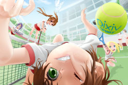 Rule 34 | 1boy, 3girls, androgynous, bad id, bad pixiv id, ball, blonde hair, blue eyes, blush, brother and sister, brown eyes, brown hair, clenched teeth, cloud, crossdressing, day, falling, fisheye, green eyes, gym shorts, gym uniform, hair ornament, hairclip, heart, hit in face, impression, in the face, jumping, long hair, multiple girls, navel, net, o o, open mouth, original, perspective, pixiv, purple eyes, purple hair, racket, school, school uniform, short hair, shorts, siblings, sky, squatting, sweatdrop, tears, teeth, tennis, tennis ball, tennis racket, trap, wince, yuki18r