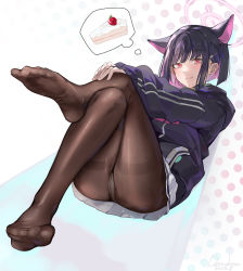 Rule 34 | 1girl, :q, animal ears, ass, black hair, blue archive, bob cut, brown pantyhose, cake, cake slice, colored inner hair, crossed legs, dema hmw, extra ears, feet, food, foot out of frame, foreshortening, full body, hair ornament, hairclip, halo, highres, hood, hooded jacket, jacket, kazusa (blue archive), legs, looking at viewer, multicolored hair, no shoes, panties, panties under pantyhose, pantyhose, pink hair, polka dot, polka dot background, purple jacket, red eyes, short hair, sidelocks, sleeves past wrists, soles, solo, thighband pantyhose, thighs, thought bubble, toes, tongue, tongue out, underwear, white panties