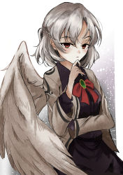 Rule 34 | 1girl, absurdres, angel wings, arm under breasts, blush, bow, bowtie, braid, brooch, dress, expressionless, feathered wings, french braid, grey jacket, hand on own chin, highres, jacket, jewelry, kishin sagume, long sleeves, looking at viewer, lucky chicken, red bow, red eyes, short hair, single wing, solo, touhou, white wings, wings