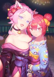 Rule 34 | 2girls, ahoge, animal ears, bell, blue kimono, blush, breast press, breasts, cat ears, character print, cleavage, commentary, double bun, fang, fiodo, fireworks, floral print, flower, forehead, hair bun, hair flower, hair ornament, heart, heart-shaped pupils, highres, japanese clothes, jingle bell, kimono, large breasts, looking at viewer, medium breasts, multiple girls, neck bell, original, outdoors, purple kimono, selfie, sidelocks, symbol-shaped pupils, vivian (mvv), xiao me, yukata, yuri