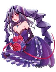 Rule 34 | 10s, 1girl, bad id, bad twitter id, bare shoulders, bouquet, breasts, bridal veil, bride, chiji komari, dress, elbow gloves, flower, gloves, highres, idolmaster, idolmaster cinderella girls, kanzaki ranko, long hair, open mouth, purple dress, red eyes, silver hair, small breasts, smile, solo, transparent background, veil, wedding dress