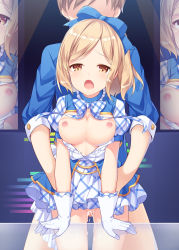 Rule 34 | 1boy, 1girl, :o, amemiya ruki, blonde hair, bow, bowtie, breasts, breasts out, brown eyes, cleavage, clothed sex, commentary request, cum, djeeta (granblue fantasy), faceless, faceless male, gloves, granblue fantasy, hetero, highres, medium breasts, nipples, plaid, sex, sex from behind, short hair, standing, uncensored, white gloves, zoom layer