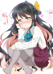 Rule 34 | 1girl, black hair, blue bow, blush, bow, brown eyes, brown hair, collared shirt, commentary request, crossed legs, dress, closed eyes, grey pantyhose, hair ribbon, hair rings, hand up, k hiro, kantai collection, long hair, long sleeves, looking at viewer, multicolored hair, naganami (kancolle), no shoes, nose blush, pantyhose, pleated dress, purple dress, ribbon, school uniform, shirt, sleeveless, sleeveless dress, sleeves past wrists, solo, star (symbol), starry background, thighband pantyhose, translation request, two-tone hair, very long hair, wavy mouth, white shirt, yellow ribbon