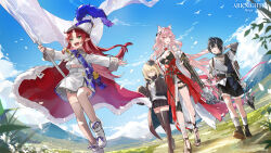 Rule 34 | 1boy, 3girls, animal ears, arknights, black hair, blonde hair, boots, bow (weapon), closed eyes, crossbow, durin (arknights), dwarf, flag, highres, holding, holding flag, infection monitor (arknights), long sleeves, material growth, minimalist (arknights), multiple girls, myrtle (arknights), myrtle (light gold celebration) (arknights), official alternate costume, official art, oripathy lesion (arknights), pink hair, pointy ears, pozyomka (arknights), red hair, sandals, shoes, socks, staff, thighhighs, weapon, wolf ears, wolf girl