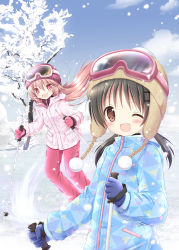 Rule 34 | 2girls, :d, ;d, beanie, blue gloves, blue jacket, blue sky, blush, brown eyes, brown hair, brown headwear, cloud, commentary request, cover, cover page, day, gloves, goggles, goggles on head, hair between eyes, hair ornament, hairclip, hat, highres, jacket, light brown hair, long hair, long sleeves, low twintails, multiple girls, nanase miori, one eye closed, open mouth, original, outdoors, pants, photoshop (medium), pink gloves, pink jacket, pink pants, pom pom (clothes), red eyes, red headwear, sidelocks, ski goggles, skiing, sky, smile, snow, textless version, tree, twintails, very long hair