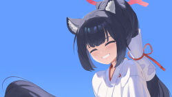 Rule 34 | 1girl, absurdres, animal ear fluff, animal ears, black hair, blue archive, blue background, blush, cat ears, facing viewer, grin, halo, highres, japanese clothes, kimono, korean commentary, long hair, miko, ponytail, serika (blue archive), serika (new year) (blue archive), simple background, smile, solo, tomid, upper body, white kimono
