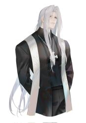 Rule 34 | 1boy, alternate costume, alternate universe, arms behind back, black pants, blue eyes, cassock, clerical collar, cropped legs, cross, cross necklace, final fantasy, final fantasy vii, grey hair, highres, jewelry, light smile, long bangs, long hair, long sleeves, male focus, necklace, pants, parted bangs, priest, sephiroth, simple background, slit pupils, solo, stole, upper body, very long hair, white background, xianyu314