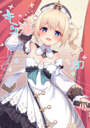 Rule 34 | 1girl, :d, barbara (genshin impact), bare shoulders, blonde hair, blue eyes, blush, bow, bowtie, breasts, cross, dress, drill hair, genshin impact, hair ornament, half-closed eyes, hat, holding, holding microphone, idol, isinose (ilxodidli), latin cross, long sleeves, looking at viewer, microphone, musical note, open mouth, pantyhose, priestess, small breasts, smile, solo, twin drills, twintails, waving, white dress, white pantyhose
