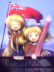 Rule 34 | 10s, 2girls, :d, alice cartelet, arm up, blonde hair, blue eyes, blush, bow, chain-link fence, commentary request, closed eyes, fence, flag, flagpole, hair bun, hair ornament, hairclip, highres, kin-iro mosaic, kujou karen, long hair, multiple girls, neck ribbon, open mouth, outstretched arm, red ensign, ribbon, school uniform, ship, shuu (sirokumasabu), single hair bun, sleeves past wrists, smile, standing, twintails, union jack, watercraft, waving, x hair ornament