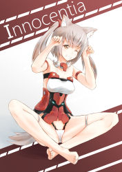 Rule 34 | 10s, 1girl, animal ears, arm strap, armor, arms up, bare shoulders, barefoot, breasts, character name, collarbone, corset, detached collar, dog ears, dog tail, dorsiflexion, feet, frame arms girl, full body, grey hair, grin, highres, indian style, innocentia, long hair, mecha musume, no pants, one eye closed, panties, paw pose, pink eyes, pink hair, sitting, small breasts, smile, solo, tail, toes, twintails, underwear, white panties, yellow eyes, yilan (z2256721), yilan un