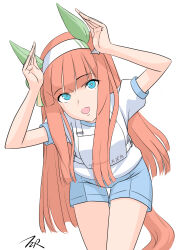 Rule 34 | 1girl, animal ears, artist name, blue shorts, blunt bangs, character name, commentary request, ear covers, green eyes, gym shirt, gym shorts, gym uniform, hairband, hand on own chest, highres, horse ears, horse girl, horse tail, leaning forward, long hair, looking at viewer, open mouth, orange hair, original race uniform (umamusume), pantyhose, pantyhose under shorts, race bib, shirt, short sleeves, shorts, silence suzuka (umamusume), simple background, smile, solo, standing, straight hair, t-shirt, t2r, tail, translated, umamusume, white background, white hairband, white shirt, wind