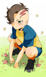 Rule 34 | 1boy, blush, brown hair, child, flower, fudou akio, full body, grass, inazuma eleven, inazuma eleven (series), male focus, mohawk, nature, outdoors, solo, stooping, tears