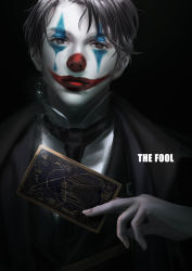 Rule 34 | 1boy, bermode, black hair, black jacket, black necktie, card, chinese commentary, clown, commentary request, dark, english text, holding, holding card, jacket, klein moretti, lord of the mysteries, makeup, nail, necktie, shirt, solo, tarot, the fool (tarot), white shirt