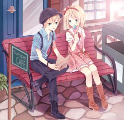 Rule 34 | 1boy, 1girl, :d, aqua eyes, bangle, bench, blonde hair, boots, bracelet, brother and sister, dress, eating, english text, food, hair ornament, hairband, hairclip, hat, holding, ice cream, ice cream cone, jewelry, kagamine len, kagamine rin, kouko, open mouth, plant, potted plant, siblings, smile, suspenders, vocaloid