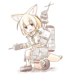 Rule 34 | 1girl, :d, anchor symbol, animal ear fluff, animal ears, black footwear, blonde hair, blunt bangs, cannon, commentary request, cosplay, fennec (kemono friends), fox ears, fox girl, fox tail, fujisaki yuu, full body, grey eyes, grey neckerchief, holding, kantai collection, kemono friends, kitakami (kancolle), kitakami (kancolle) (cosplay), loafers, long sleeves, looking at viewer, machinery, neckerchief, on one knee, open mouth, shadow, shirt, shoes, short hair, smile, socks, solo, tail, torpedo tubes, turret, white background, white shirt, white socks
