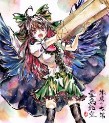 Rule 34 | 1girl, ahoge, arm cannon, bird wings, black socks, black wings, blouse, bow, breasts, brown hair, buttons, cape, collared shirt, colored inner hair, commentary request, control rod, feet out of frame, frilled skirt, frills, green bow, green skirt, hair bow, highres, kabaji, kneehighs, large breasts, long hair, looking at viewer, multicolored hair, open mouth, puffy short sleeves, puffy sleeves, red eyes, red hair, reiuji utsuho, shikishi, shirt, short sleeves, skirt, socks, solo, starry sky print, third eye, touhou, traditional media, translation request, weapon, white cape, white shirt, wings