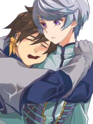 Rule 34 | 2boys, blue hair, brown hair, cheek squash, circlet, closed eyes, commentary request, earrings, feather earrings, feathers, gloves, grey hair, hug, hug from behind, jewelry, looking at another, male focus, mikleo (tales), multiple boys, nezumi 0141, open mouth, purple eyes, short hair, sketch, sorey (tales), swept bangs, tales of (series), tales of zestiria, upper body, white background, white gloves, yaoi