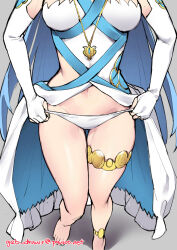 Rule 34 | 1girl, azura (fire emblem), bare legs, blue hair, breasts, fire emblem, fire emblem fates, ge-b, gloves, head out of frame, highres, jewelry, legs, lower body, medium breasts, necklace, nintendo, standing, teeth, thick thighs, thigh gap, thighs, thighs., upper teeth only, white gloves