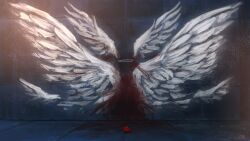 Rule 34 | angel wings, artist name, blood, blood on ground, blood on wall, commentary request, flower, halo, highres, kuromahikaren, light particles, lycoris recoil, no humans, spider lily, variant set, wings