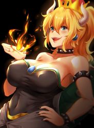 Rule 34 | 1girl, armlet, bare shoulders, black collar, black dress, black nails, blonde hair, blue eyes, blush, bowsette, bracelet, breasts, collar, collarbone, covered erect nipples, crown, dress, earrings, fire, gem, hair between eyes, hand on own hip, highres, horns, jewelry, large breasts, lips, long hair, looking at viewer, lulu-chan92, mario (series), nail polish, new super mario bros. u deluxe, nintendo, open mouth, ponytail, sharp teeth, smile, spiked armlet, spiked bracelet, spiked collar, spiked shell, spikes, strapless, strapless dress, super crown, taut clothes, taut dress, teeth, turtle shell