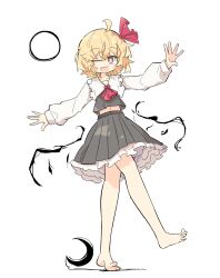 Rule 34 | 1girl, ahoge, barefoot, blonde hair, brown eyes, fang, frilled skirt, frills, grey skirt, highres, layered skirt, long sleeves, one eye closed, open mouth, pleated skirt, primsla, rumia, shirt, short hair, simple background, skirt, solo, split mouth, touhou, walking, white background, white shirt